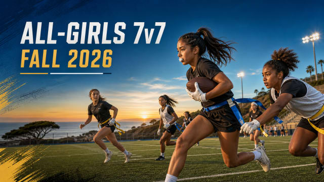 Girls flag football players on a San Diego coastal field for a Fall 2026 all-girls 7v7 league.