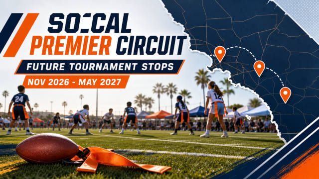 Youth flag football players and SoCal map markers for the 5v5 Sports SoCal Premier Circuit future tournament stops.