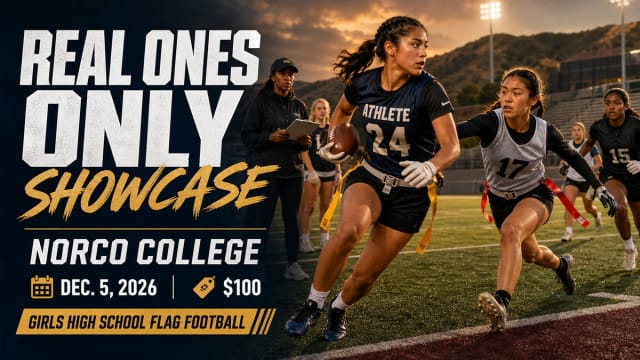 Girls high school flag football players compete in a recruiting showcase-style scene for the Real Ones Only event at Norco College.