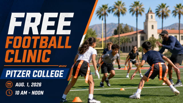 Youth flag football players training at a free football clinic graphic for Pitzer College on Aug. 1, 2026.