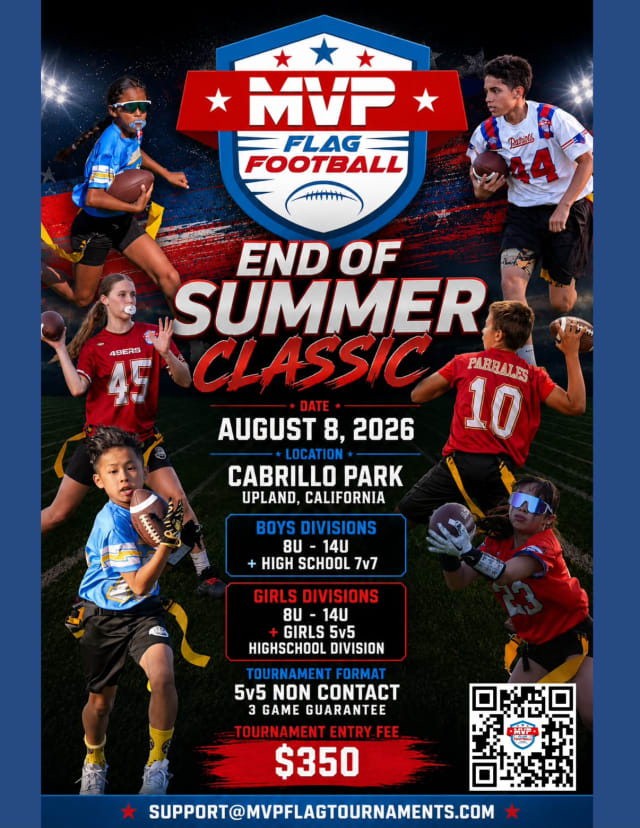 MVP Flag Football End of Summer Classic flyer for Aug. 8, 2026 at Cabrillo Park in Upland.