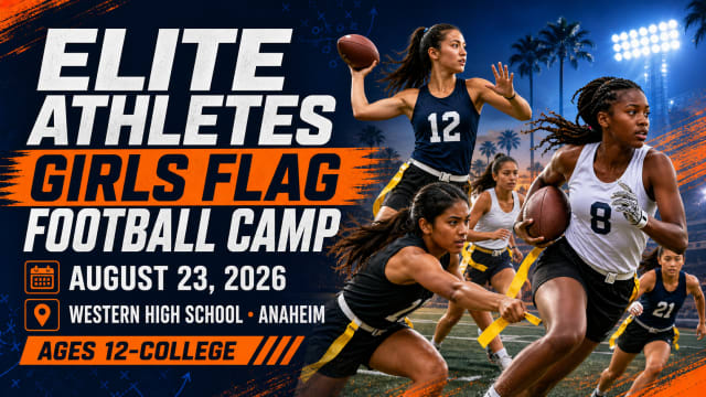 Elite Athletes girls flag football camp graphic with diverse players competing on a Southern California field