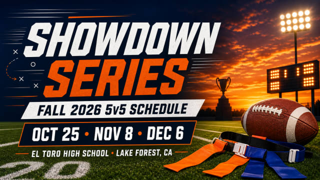 Editorial graphic showing the Showdown Series Fall 2026 5v5 tournament dates with a football and flag belts.