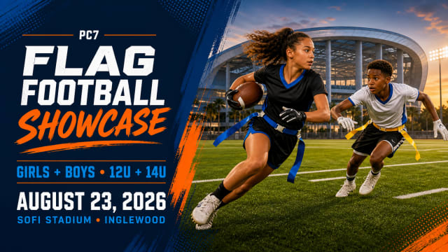Generated editorial graphic showing a youth girl and boy playing 5v5 flag football outside a modern Los Angeles stadium.