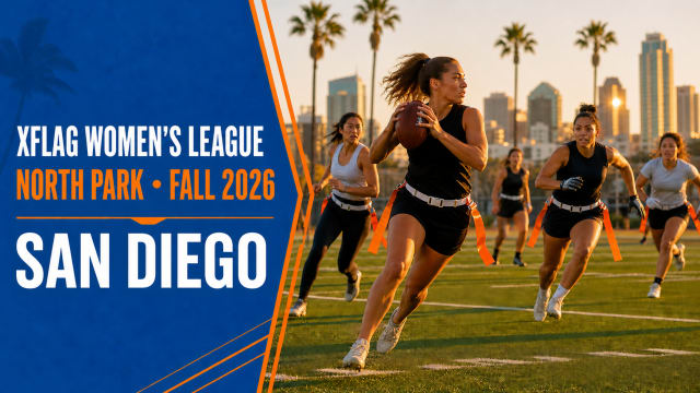 Women playing flag football in SoCal Flag graphic for XFLAG Women’s League North Park Fall 2026