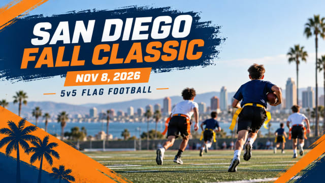 Illustrated San Diego Fall Classic 5v5 flag football graphic with the November 8, 2026 event date.