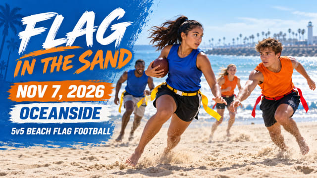 Flag In The Sand graphic for Nov. 7, 2026 in Oceanside, showing players competing in 5v5 beach flag football.