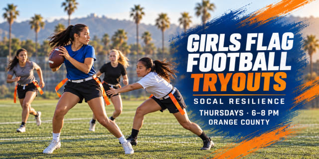 Generated illustration of girls playing flag football with Thursday 6–8 p.m. Orange County tryout details