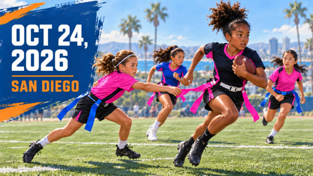 SoCal Flag illustration of a girl in a black-and-pink uniform leading a flag football play, with October 24, 2026 and San Diego text.