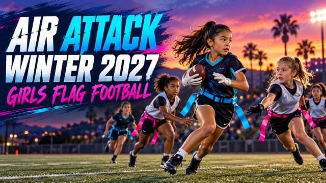 Original editorial graphic of girls playing flag football at dusk for NFL Air Attack Winter 2027
