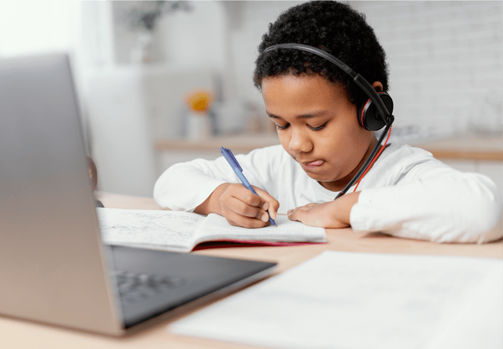 african student using tablet educational app interface AI learning platform modern classroom bright colors