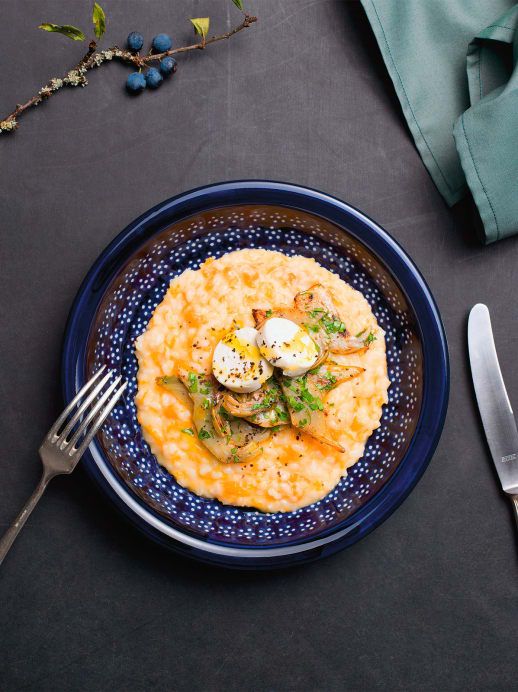 Kürbis-Risotto mit Artischocken und Ziegenfrischkäse