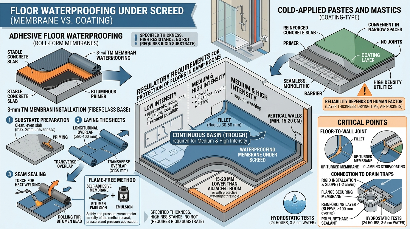 Installing Floor Waterproofing Under the Screed: Rolled Membranes vs. Cold-Applied Compounds