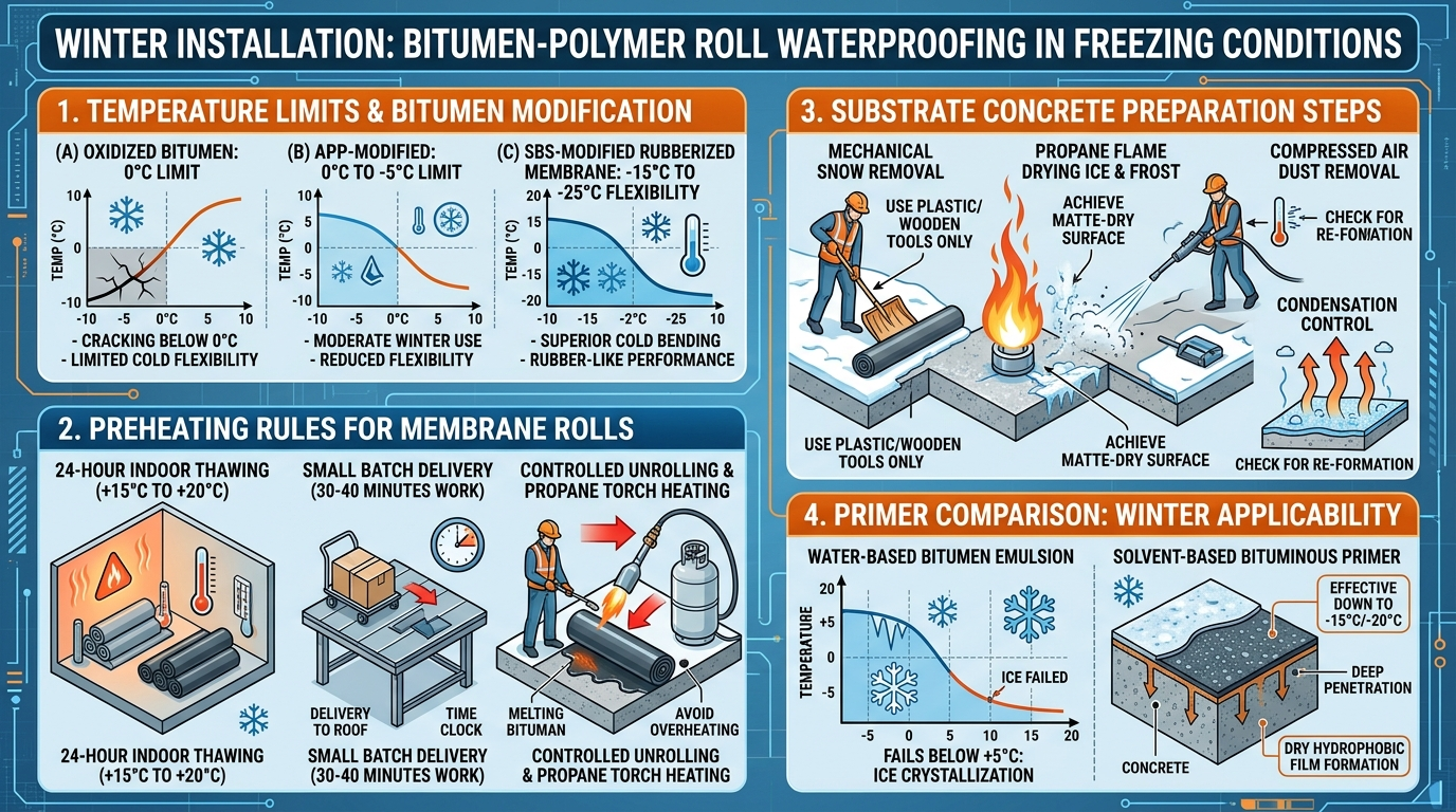 Winter Installation of Bitumen-Polymer Roll Waterproofing: Temperature Limits and Regulations