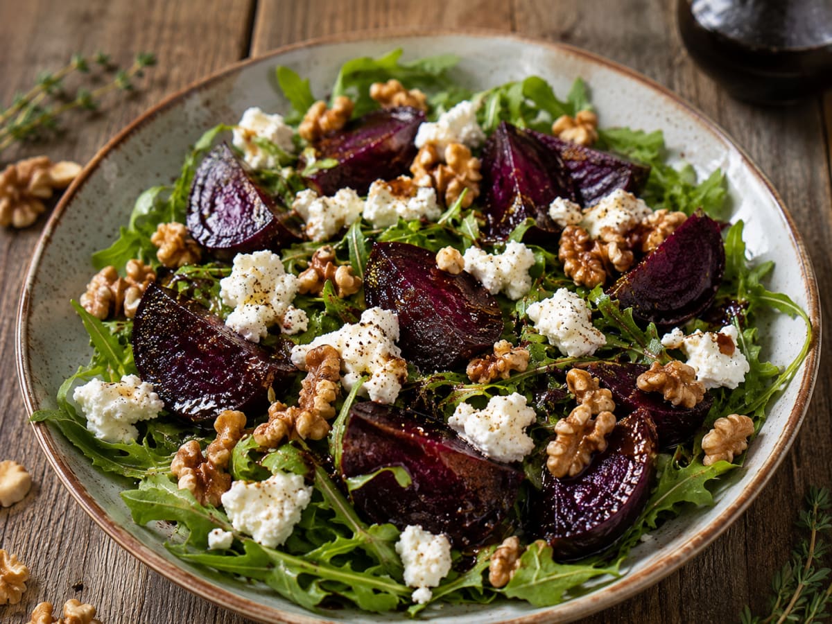 Betteraves rôties, feta et noix