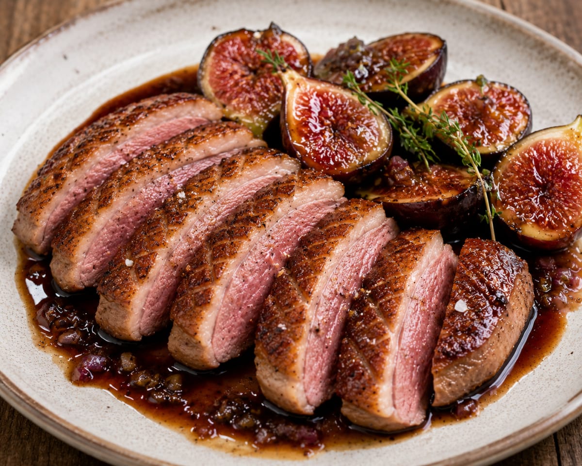 Magret de canard rôti, figues poêlées et jus au miel balsamique