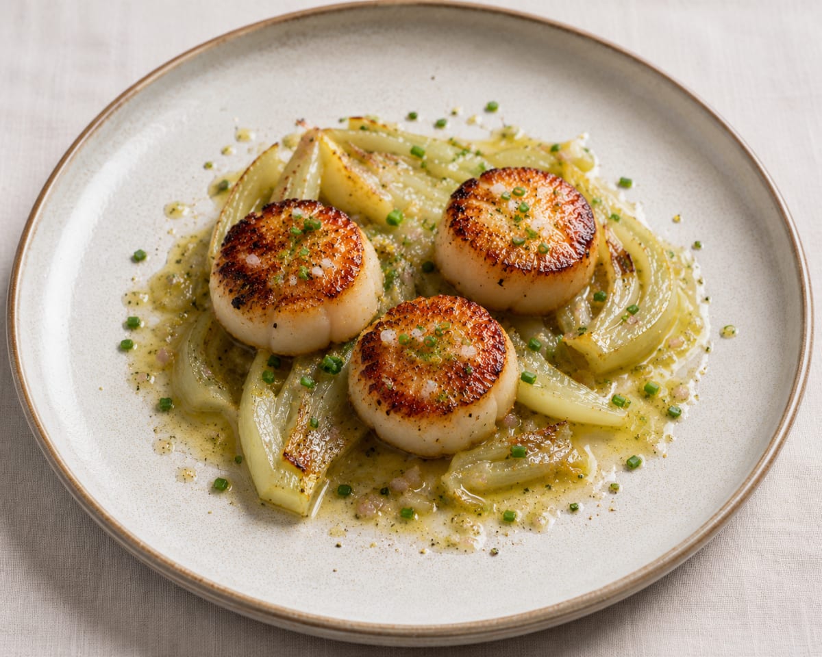 Saint-Jacques poêlées, fenouil confit, vinaigrette d'agrumes