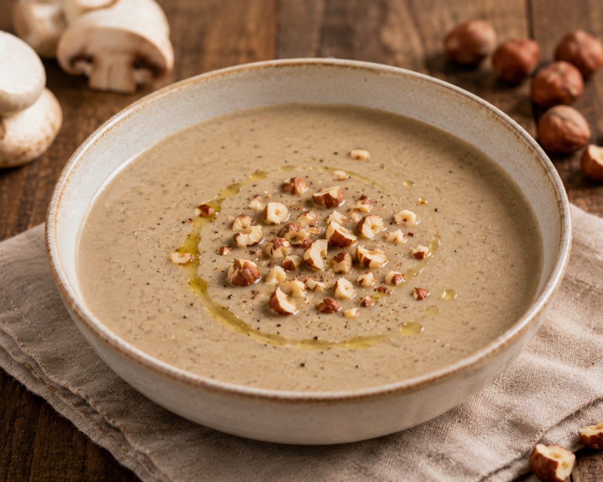 Velouté de champignons, noisettes torréfiées