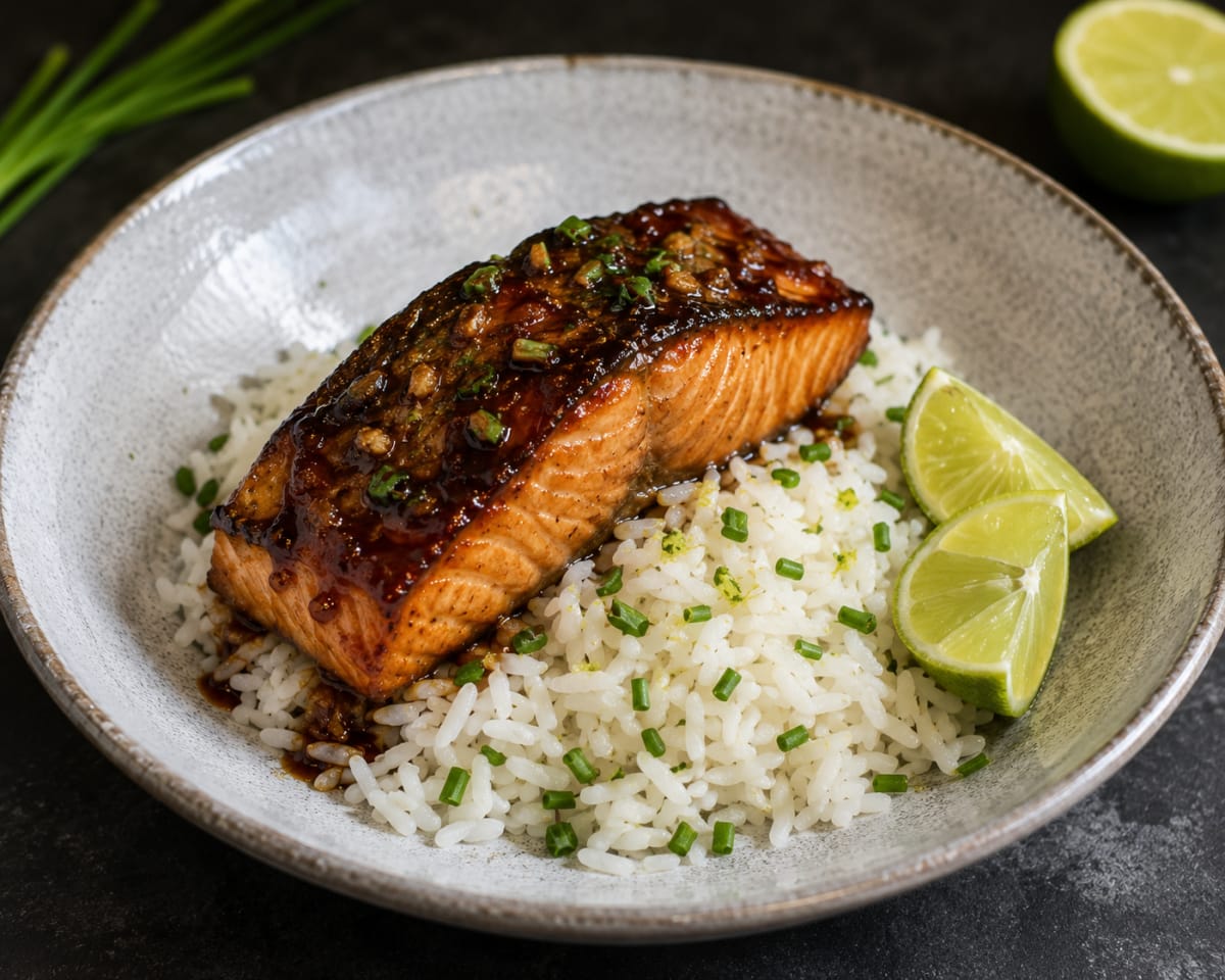 Saumon laqué soja-miel-gingembre, riz basmati au citron vert