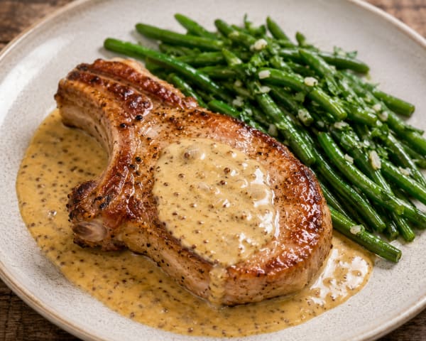 Côte de porc, sauce moutarde-crème et haricots verts en persillade