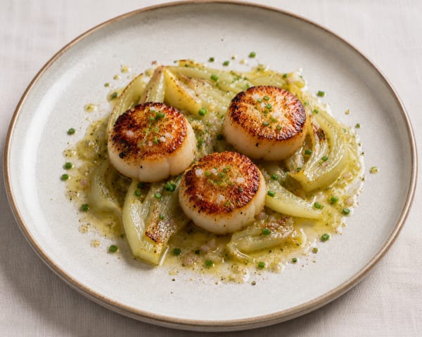 Saint-Jacques poêlées, fenouil confit, vinaigrette d'agrumes