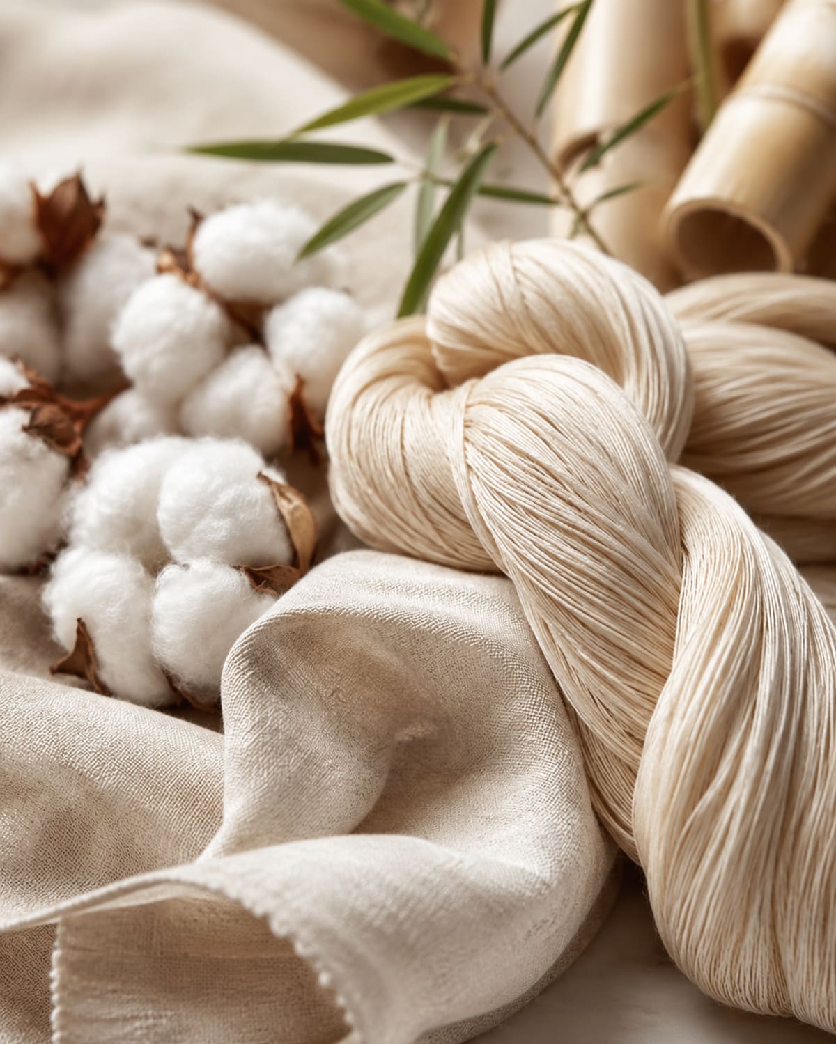 Cotton bolls, bamboo yarn skeins and natural linen fabric