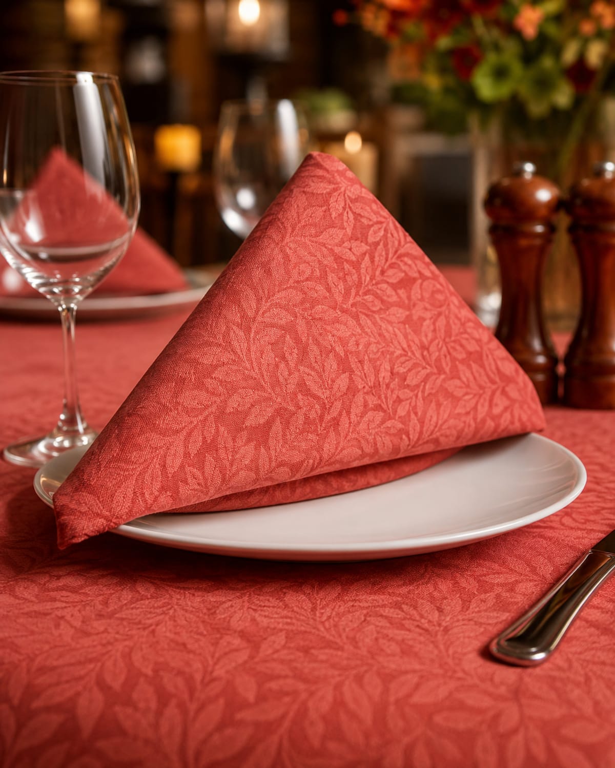Rust jacquard leaf napkin in a restaurant setting