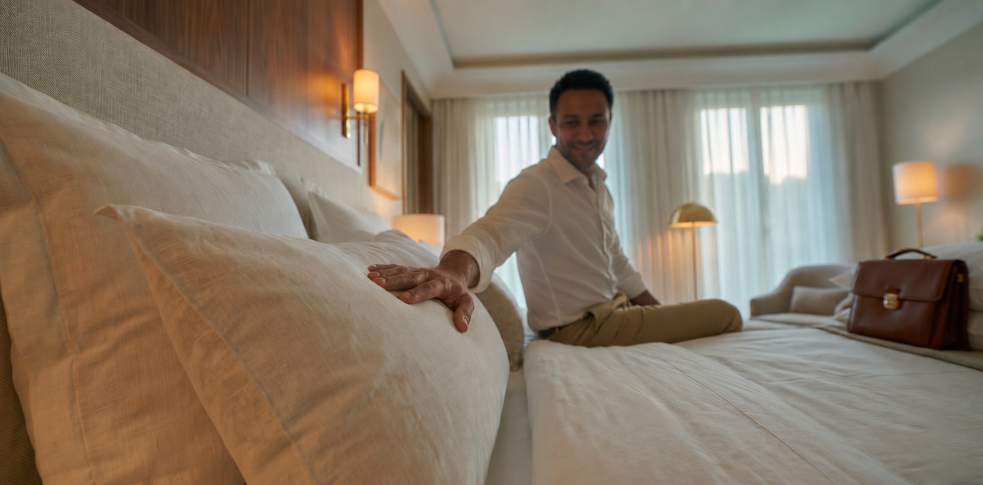 Crisp white made hotel bed