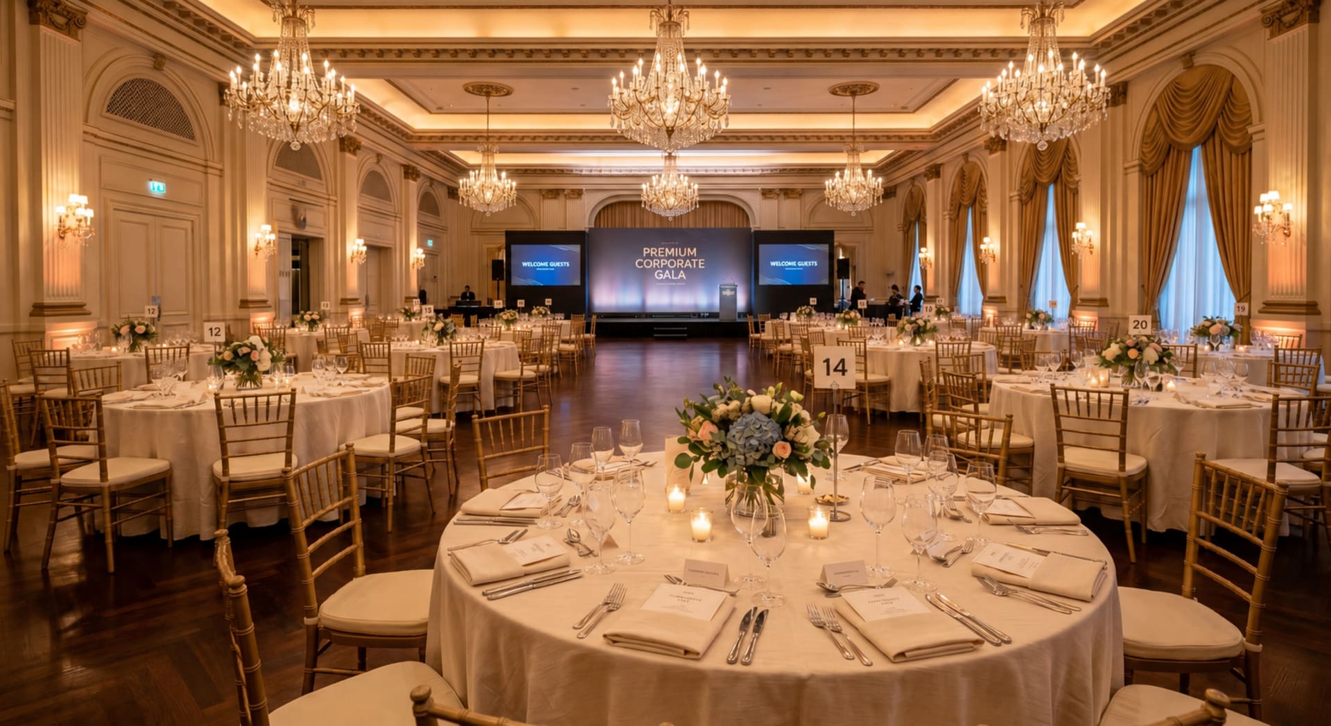 Dressed banquet hall with set tables