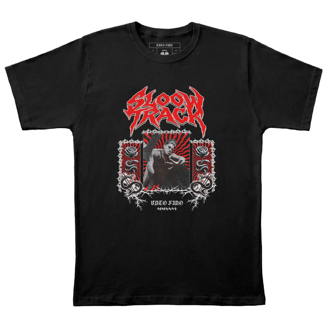 Diseño de la colección Vato Fino x Sloowtrack: Camiseta Vato Fino x Sloowtrack, corte oversize negro