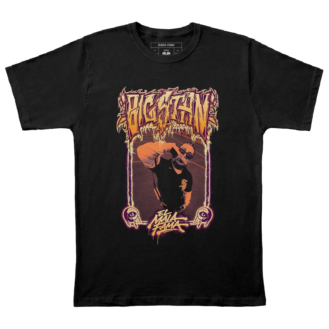 Diseño de la colección Vato Fino x Big Stan - [Tour el Mala Fama 2026] - Collaboration: Camiseta Vato Fino x Big Stan, edición Tour, corte oversize negro