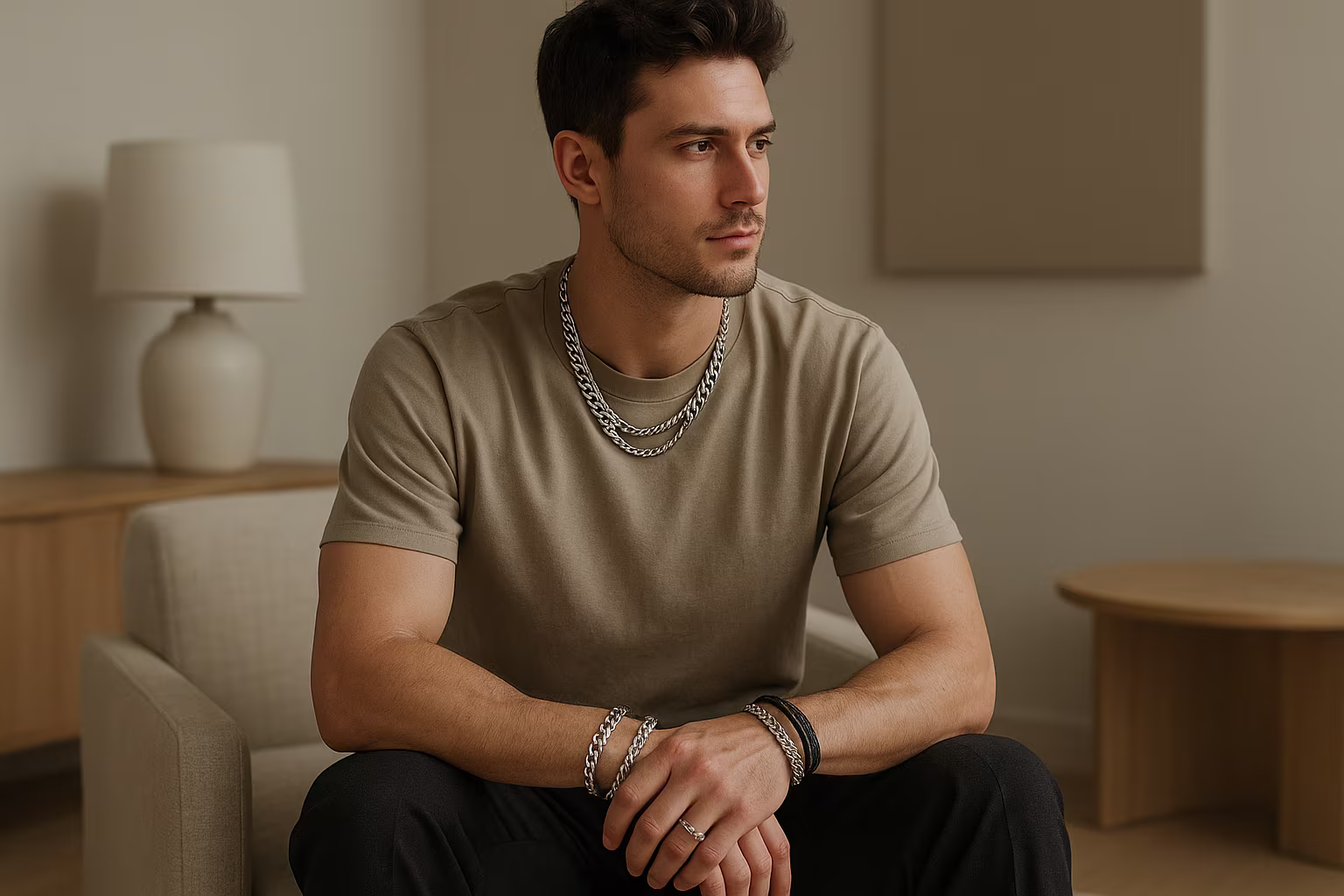 Homme portant des bijoux masculins comme chaîne et bracelet
