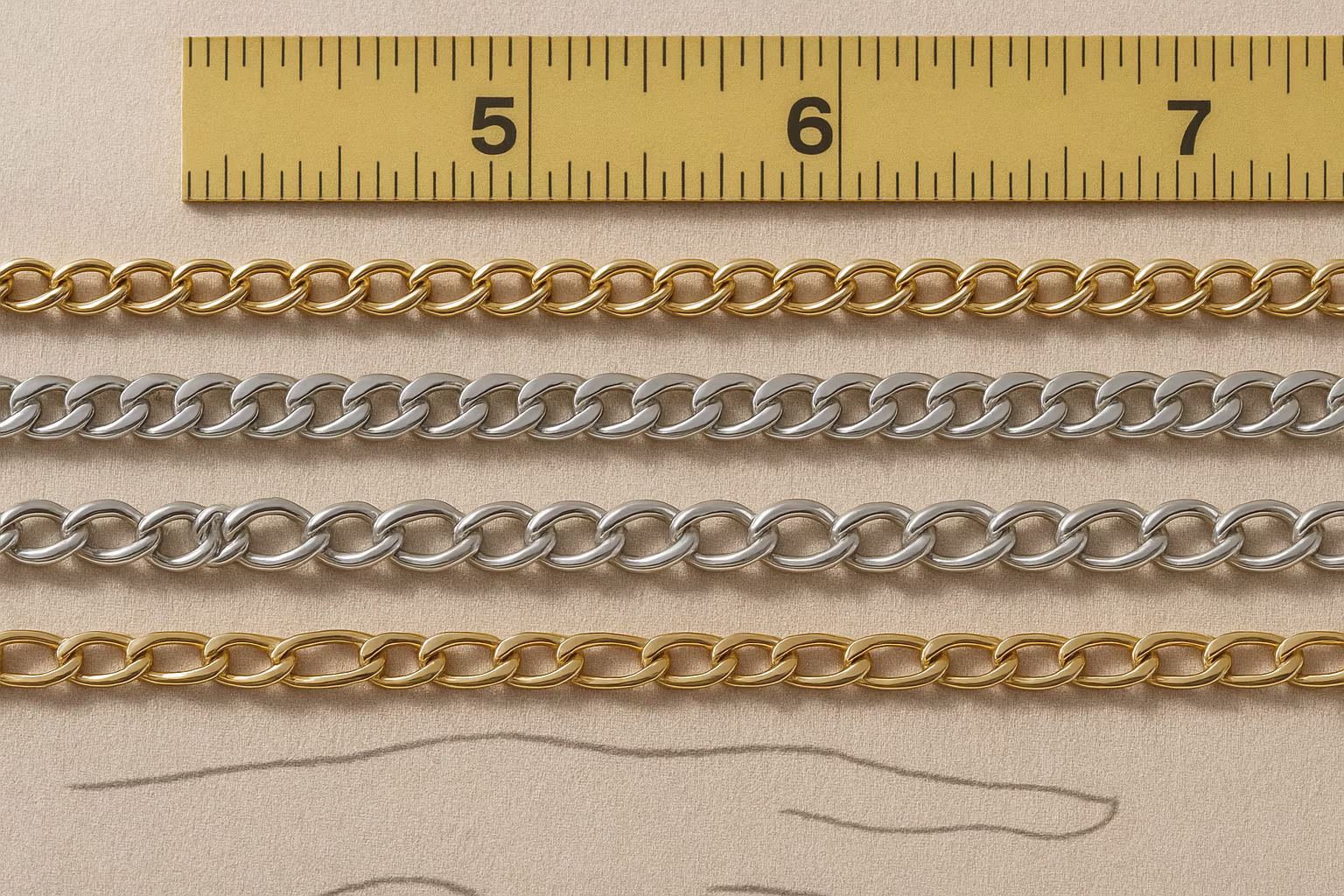 Gros plan de bracelets à maillons de styles et métaux différents avec règle de mesure pour la taille