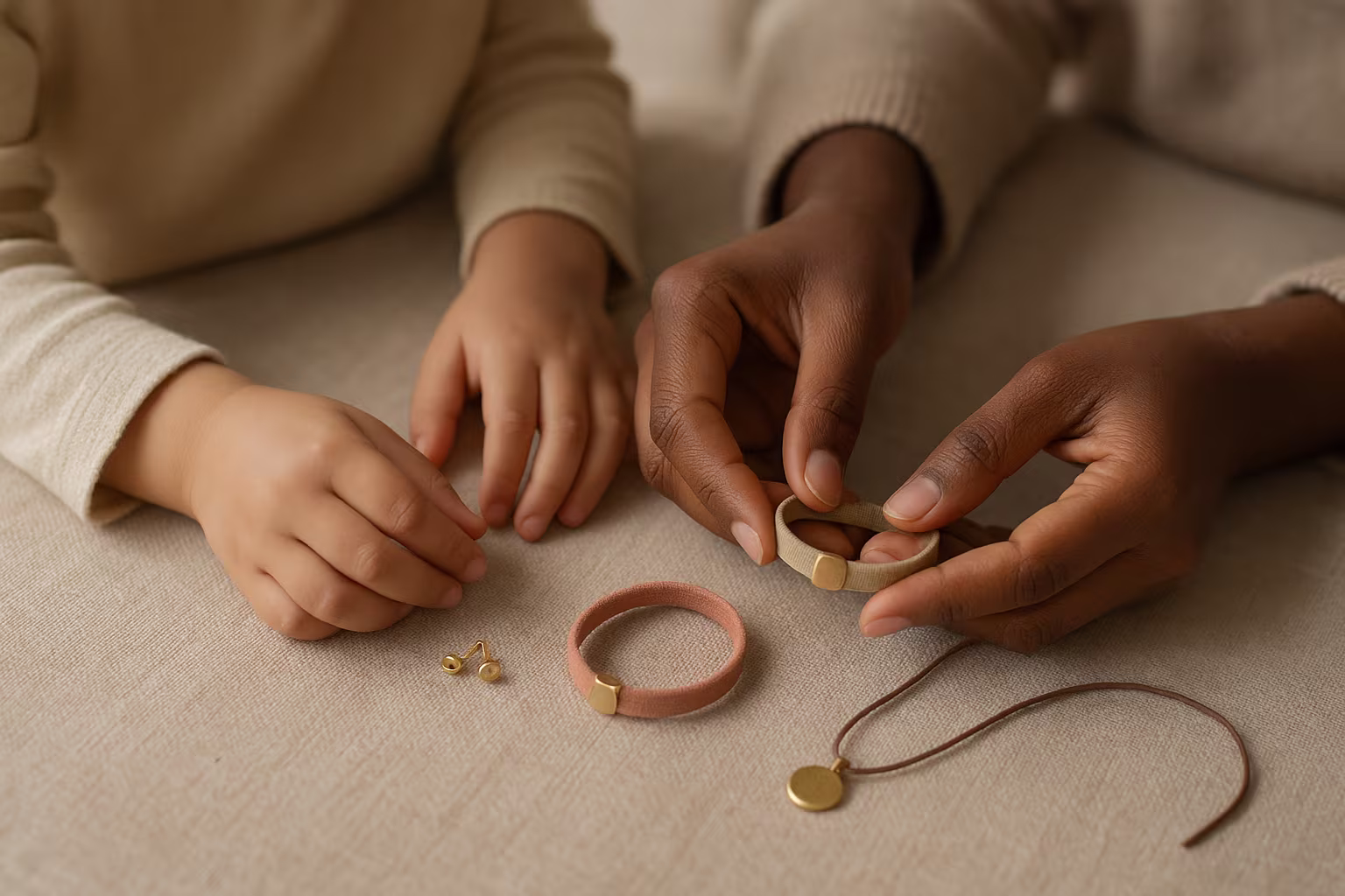 Enfant et adulte examinant des bijoux pour enfants sûrs: boucles d'oreilles simples, bracelets en tissu, pendentif léger sur cordon