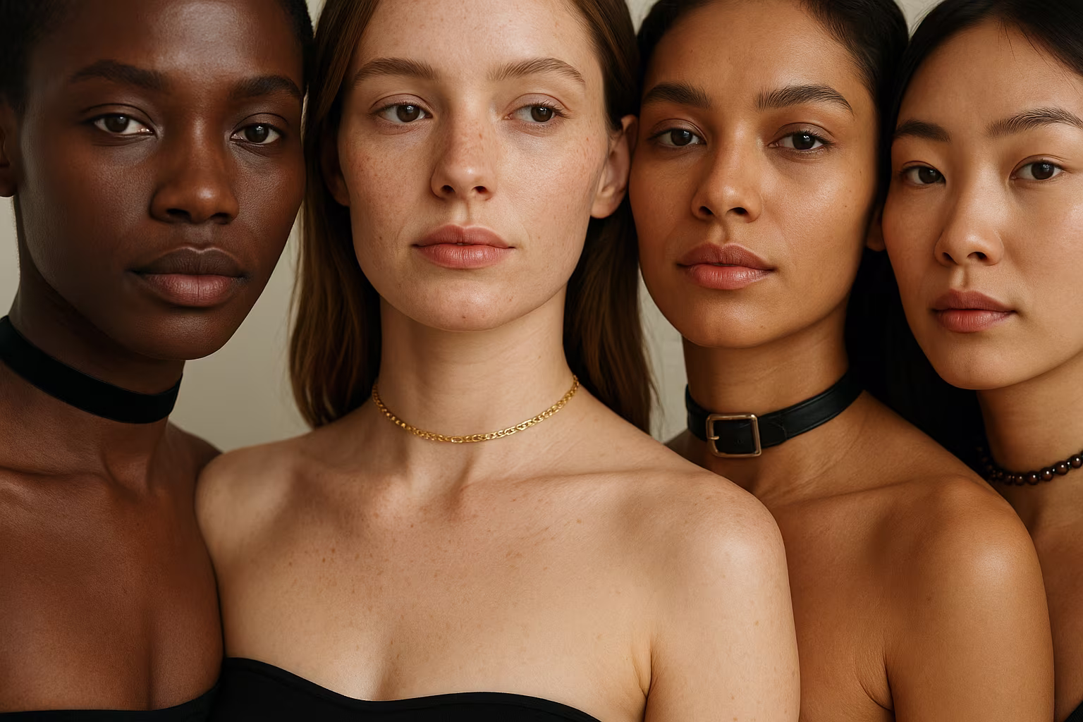 Gros plan sur plusieurs personnes portant des chokers variés - ruban velours, chaîne fine, bande cuir, choker perlé - mise au point sur le cou et les textures