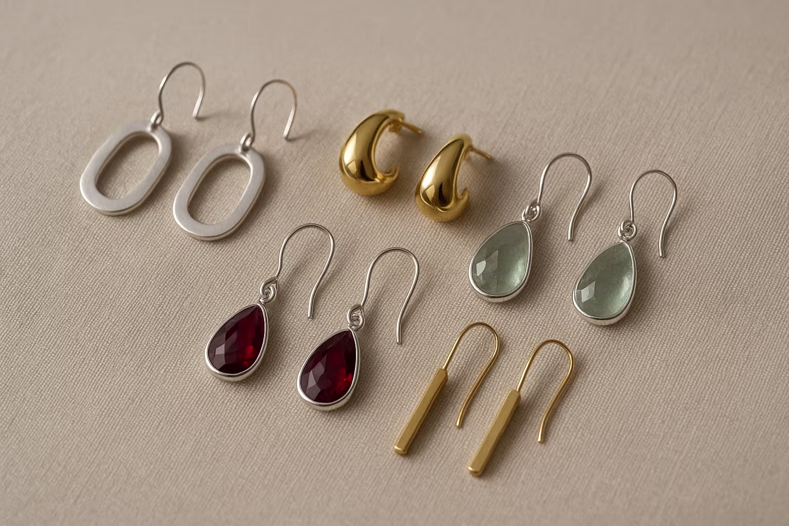 Gros plan sur plusieurs boucles d'oreilles pendantes en métal, argent, plaqué or et pierres, présentées sur un tissu neutre