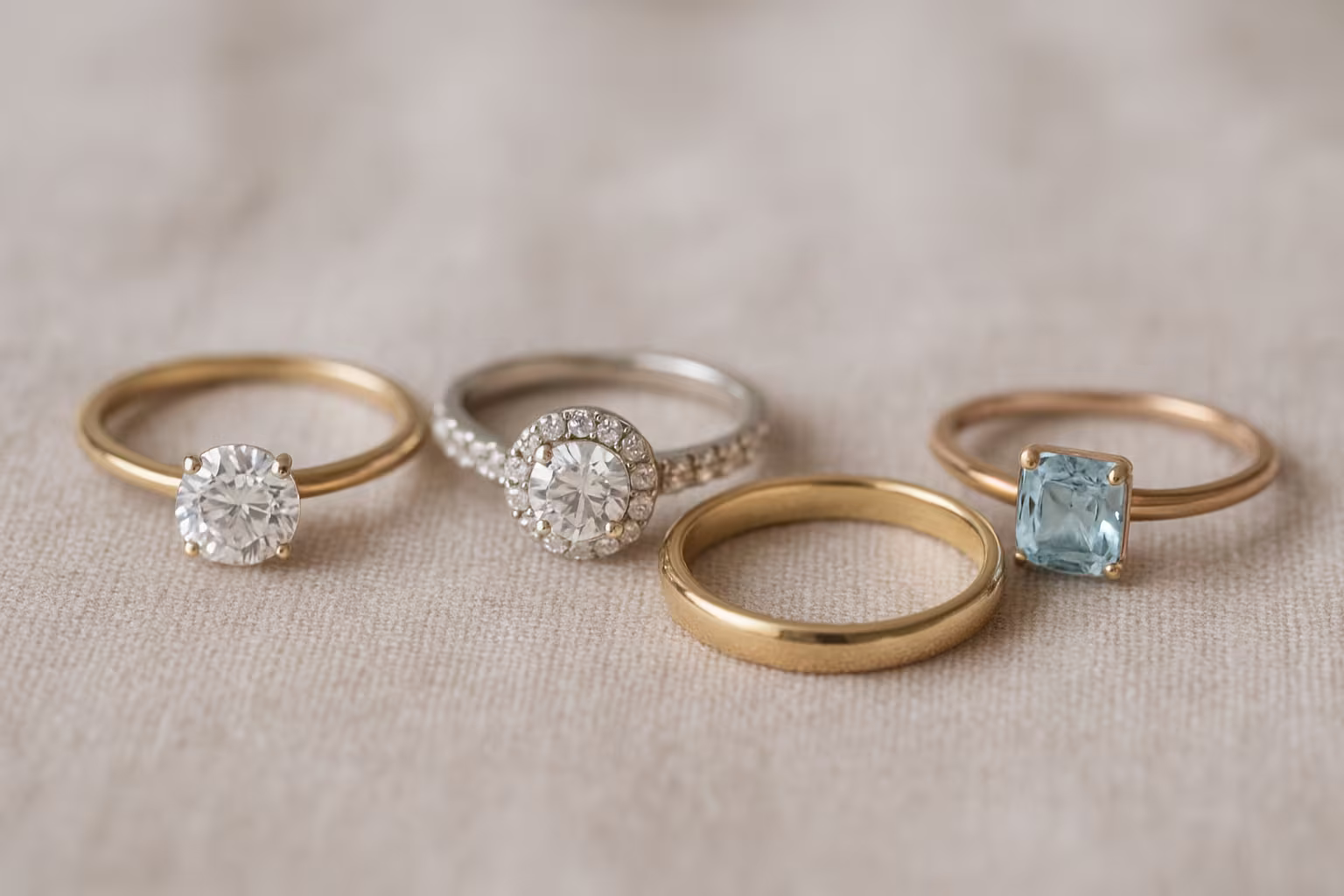 Bagues de fiançailles assorties posées sur du lin, montrant différents sertissages et matériaux pour illustrer le choix d'une bague