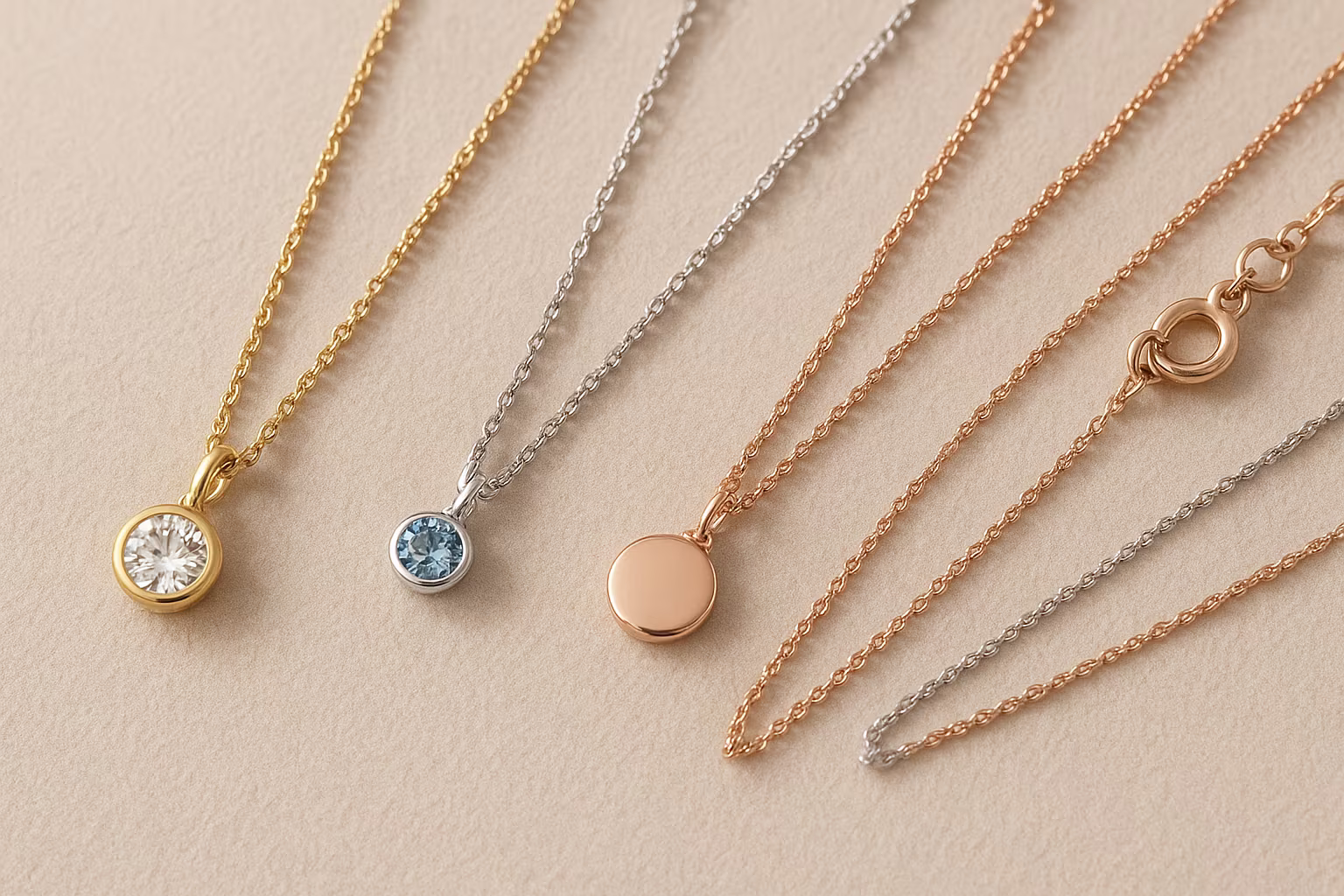 Gros plan sur plusieurs colliers pendentifs en or, argent et métal rose avec différentes longueurs de chaînes et détails de fermoirs