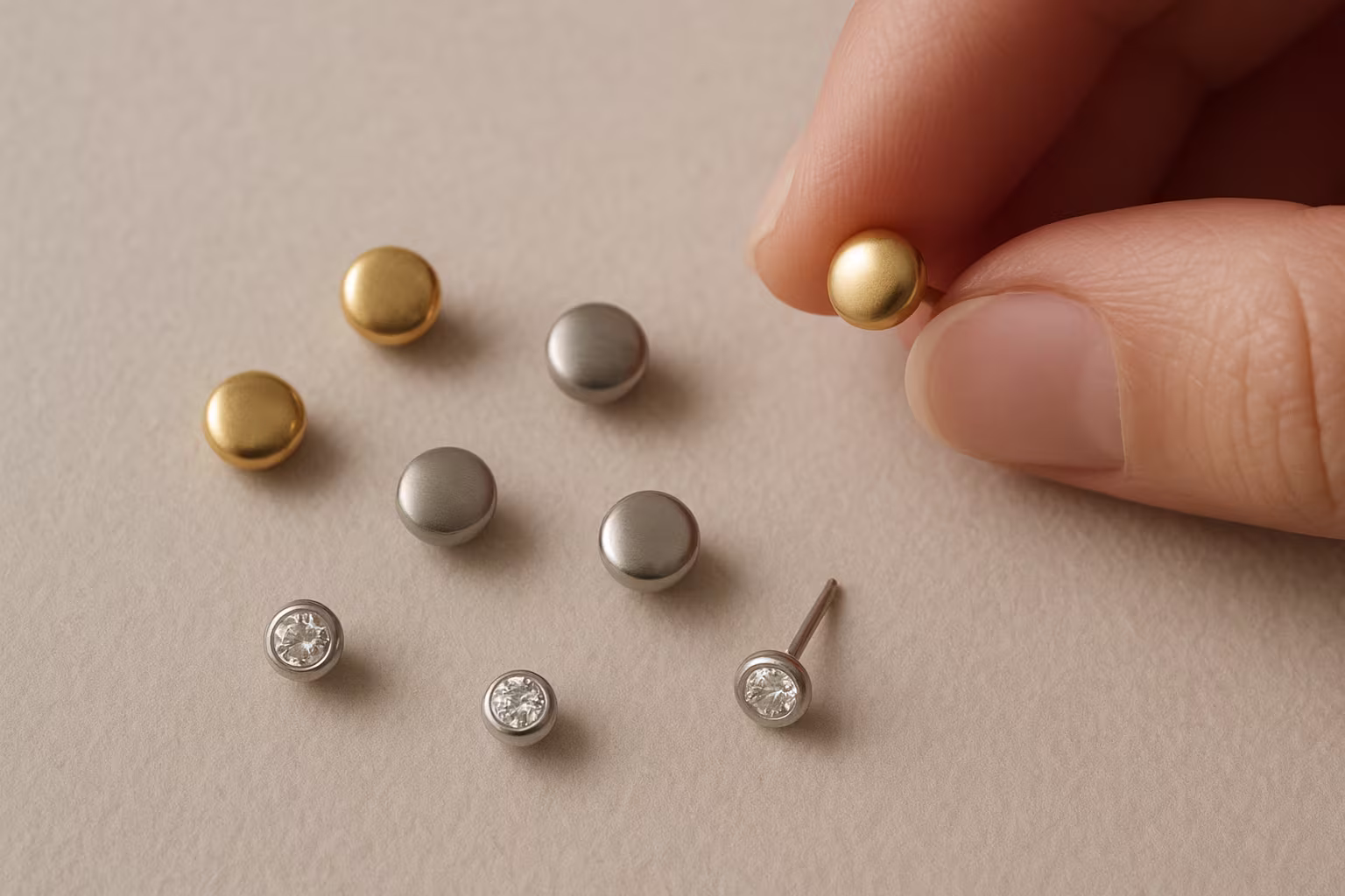 Différents studs d'oreilles alignés sur fond neutre montrant matériaux et tailles