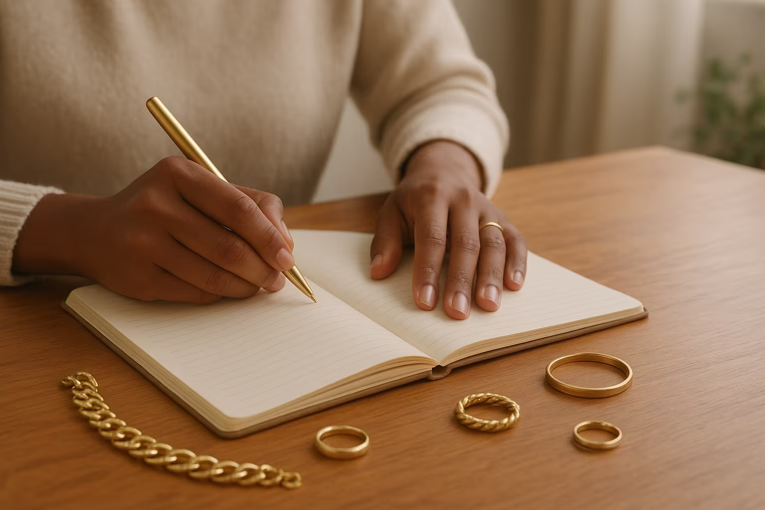 Personne examinant des bijoux posés sur une table en bois avec un carnet, photo d'ambiance éditoriale