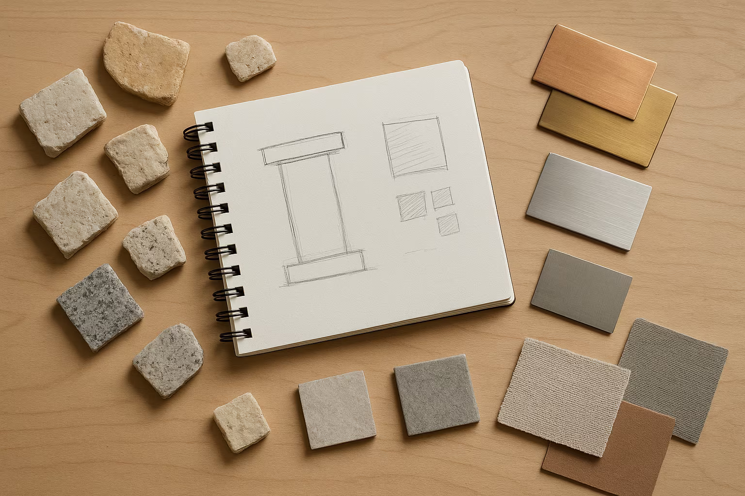 Carnet de croquis et échantillons de matériaux sur une table d'atelier, photo d'actualité éditoriale