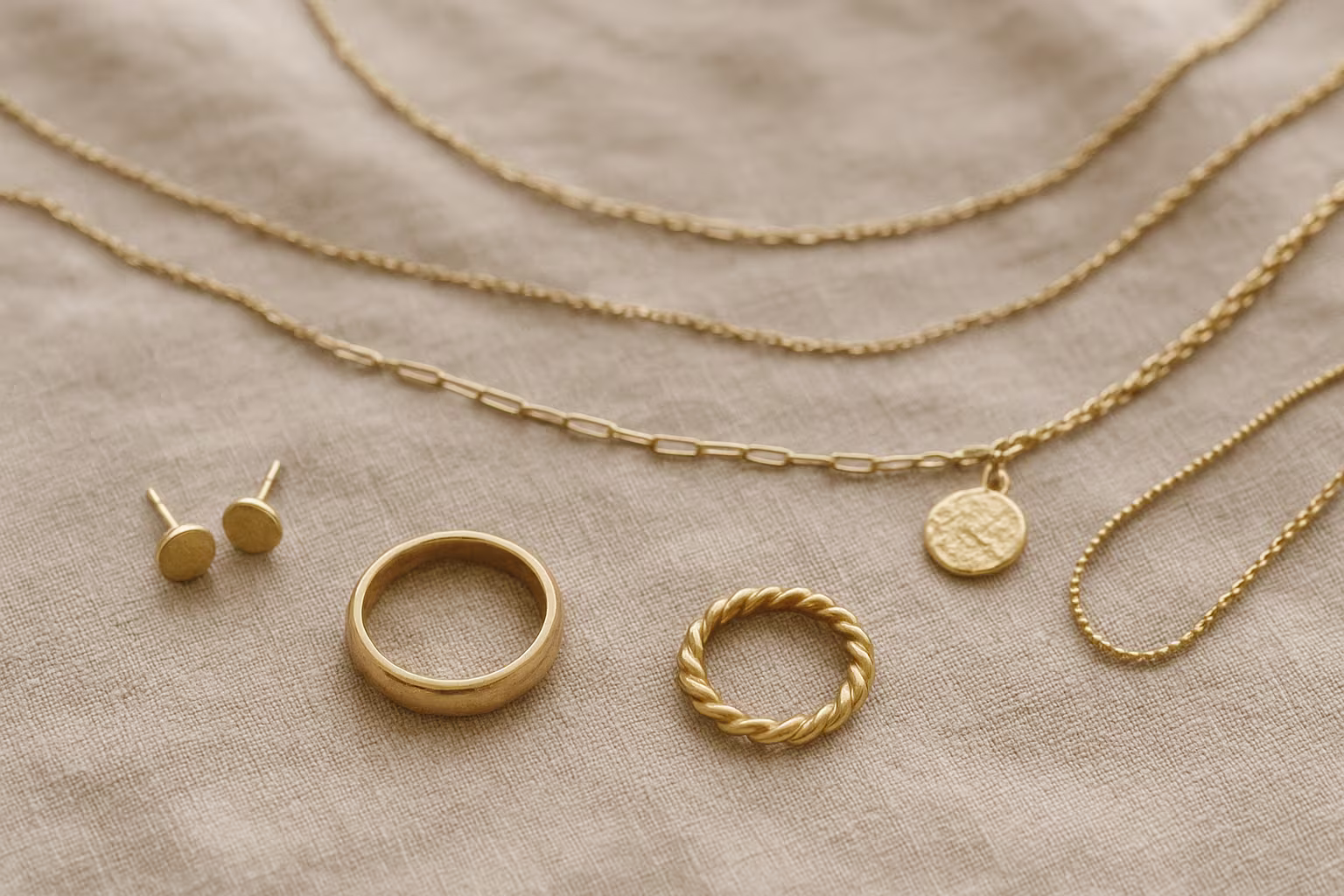 Photo éditoriale d'un assortiment de bijoux posés sur lin naturel, gros plan sur bagues et colliers