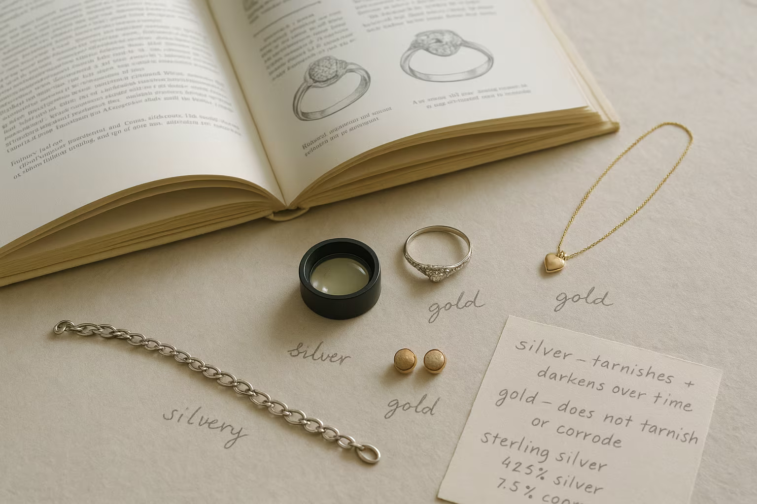 Photo éditoriale d'un guide ouvert, loupe et échantillons de bijoux illustrant l'apprentissage et la comparaison