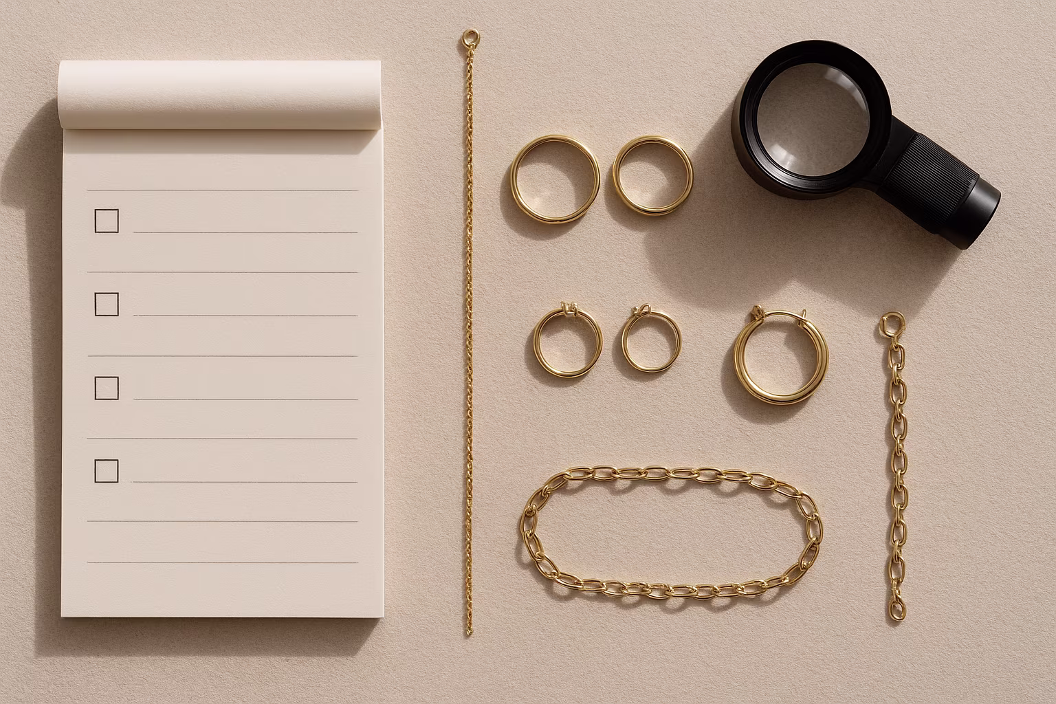 Outils d'analyse et plusieurs bijoux disposés côte à côte pour comparaison