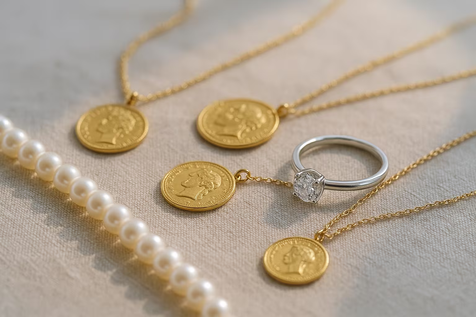 Gros plan éditorial sur des pièces de joaillerie: pièces d'or, collier de perles, bague en argent avec diamant synthétique