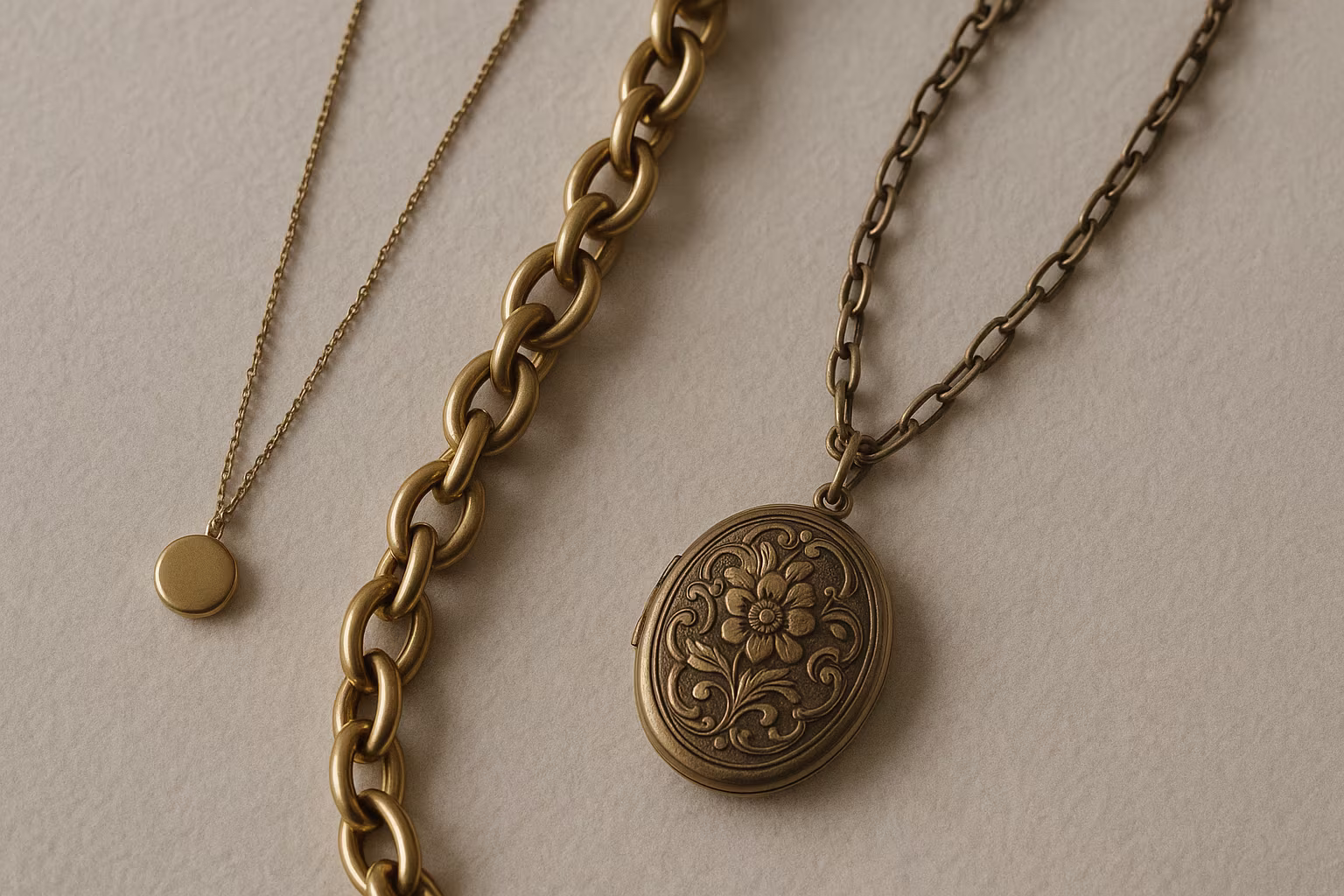 Photo éditoriale montrant plusieurs styles de colliers : pendentif, chaîne et médaillon, lumière douce