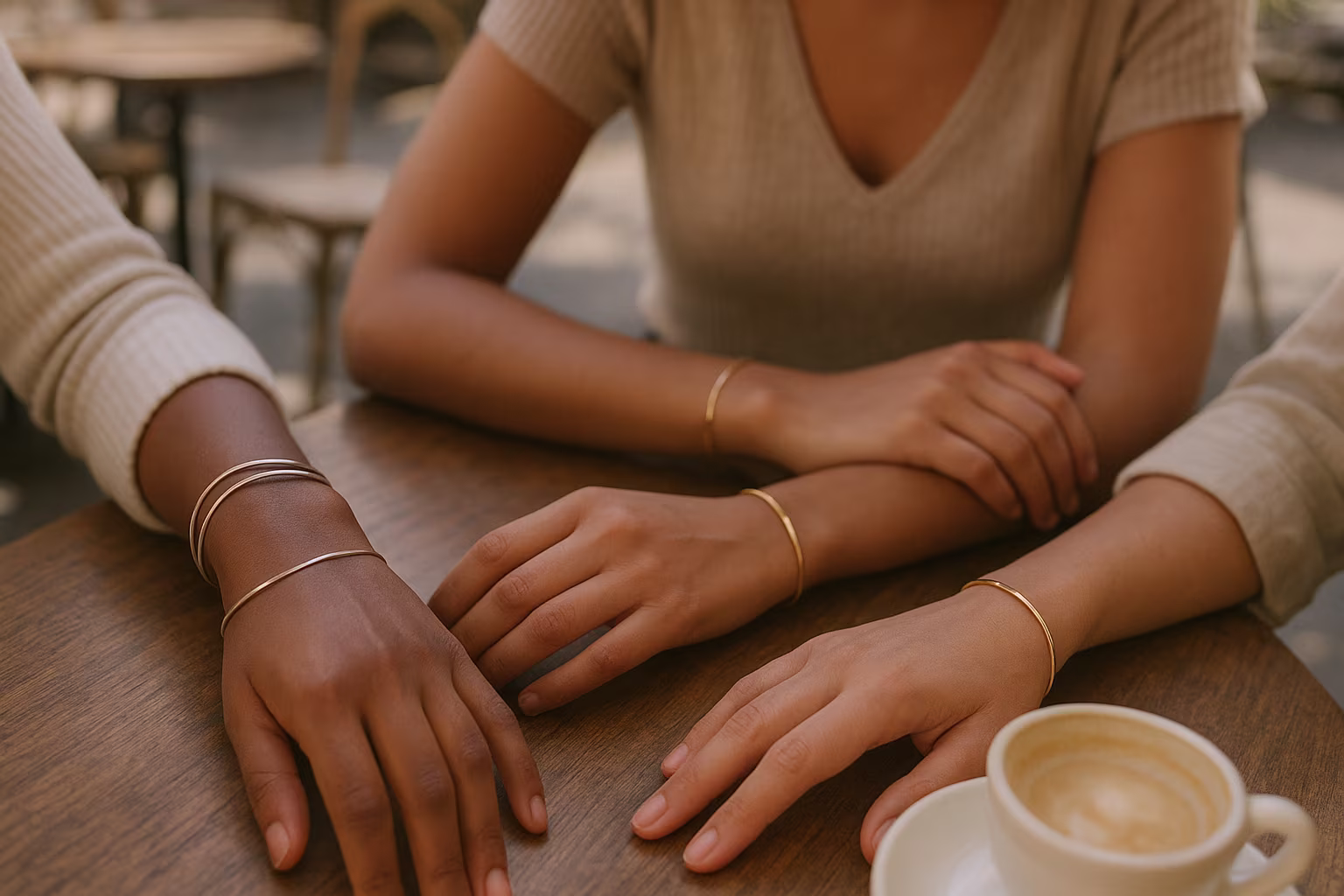 Gros plan sur poignets portant des joncs dans un café en plein air, ambiance lifestyle