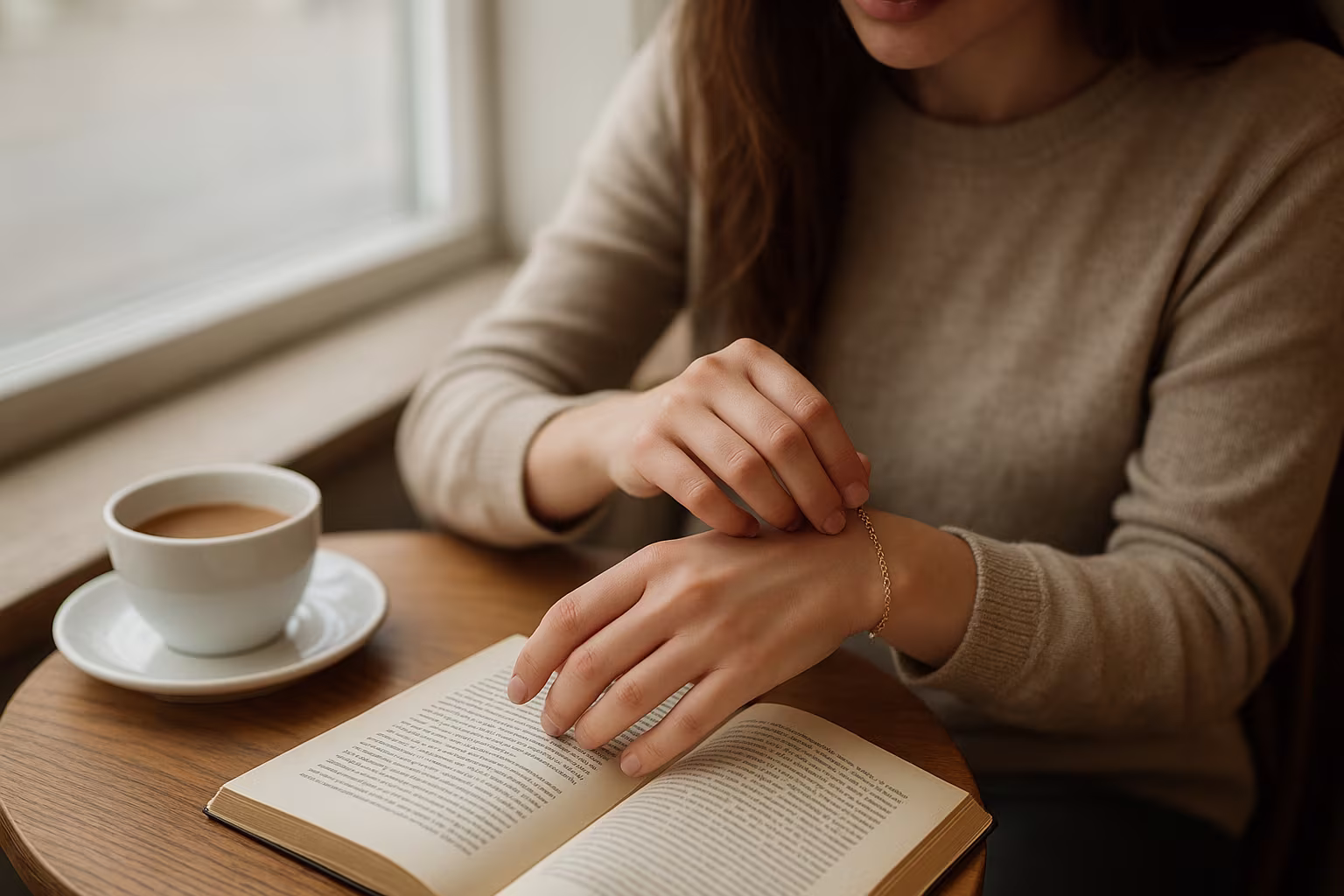Personne ajustant un bracelet chaîne lors d'un moment quotidien en extérieur
