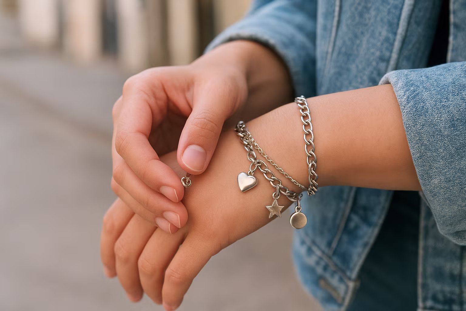 Main ajustant un bracelet à breloques porté en superposition, photo lifestyle