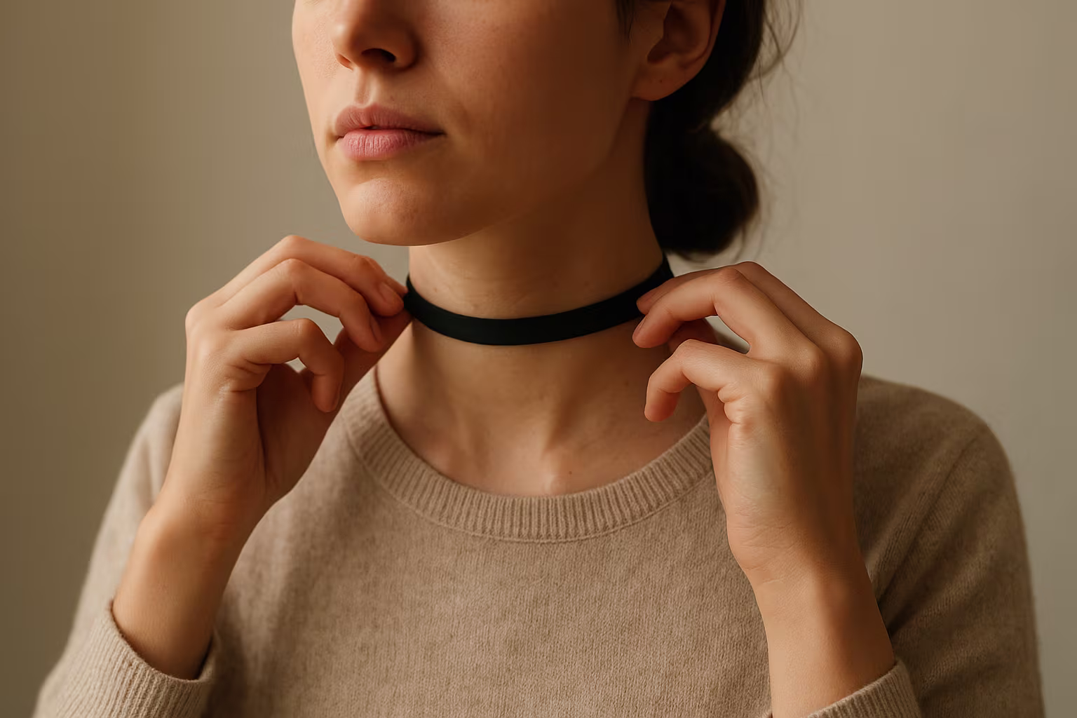 personne ajustant un tour de cou en intérieur, photo lifestyle éditoriale
